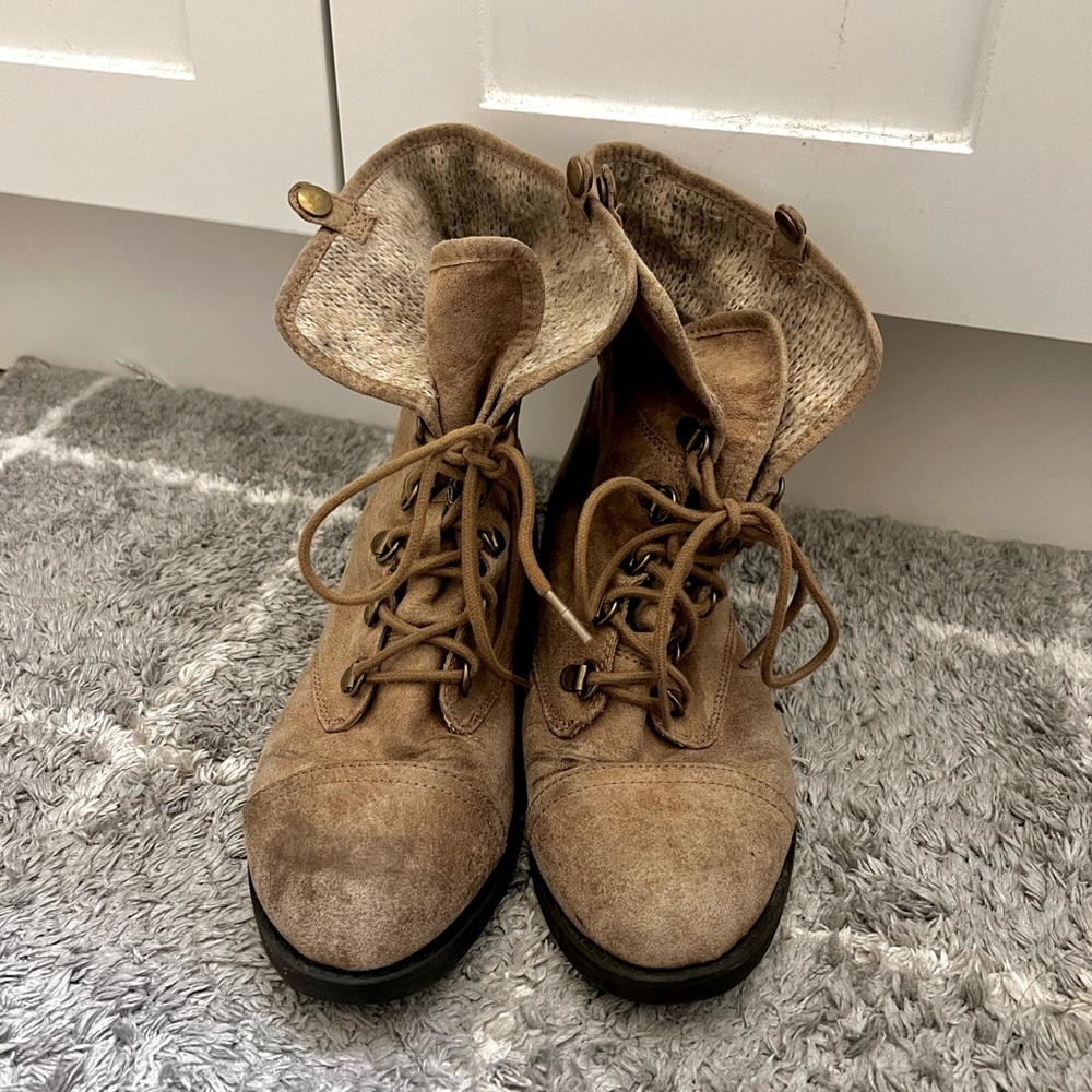 Brown Tan Ankle Boots Combat Boots lace up versatile adjustable 2 in 1 button - Picture 2 of 12